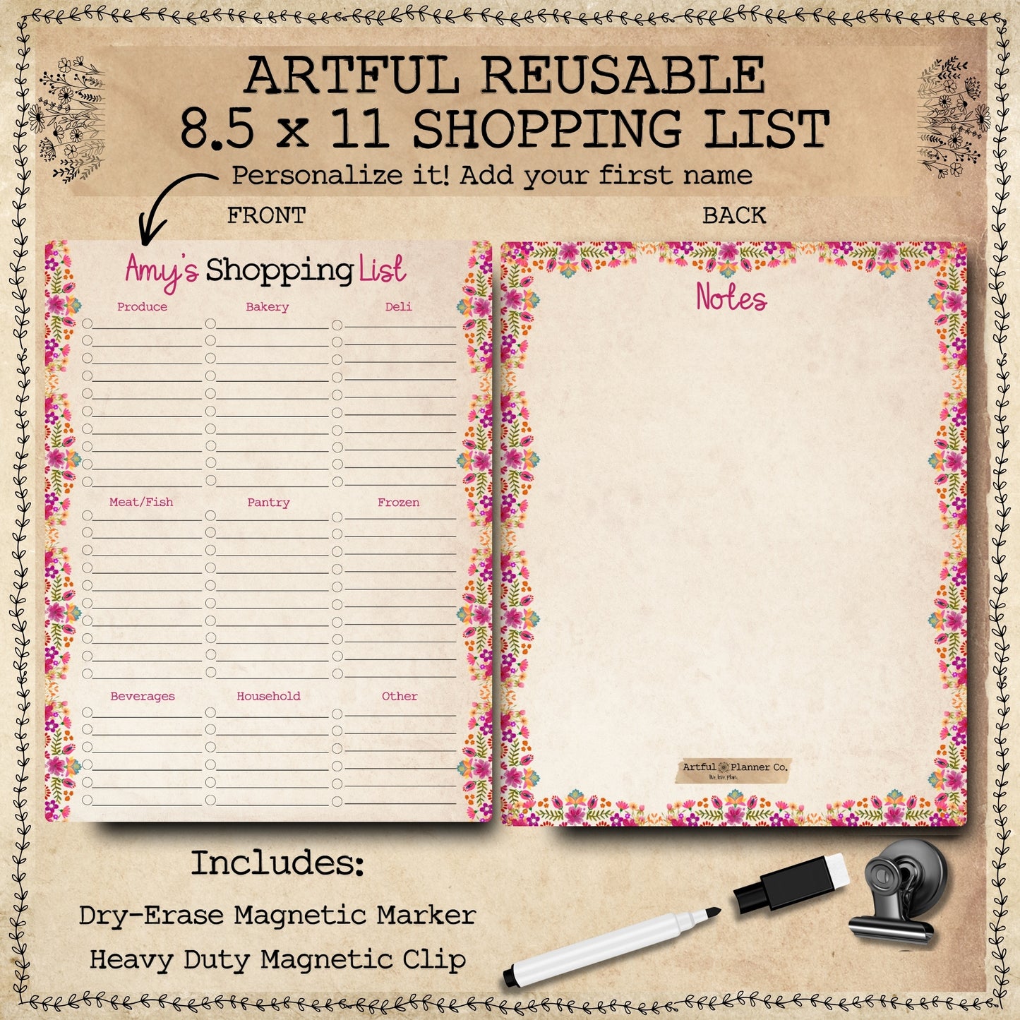 Personalized Artful Reusable Shopping List