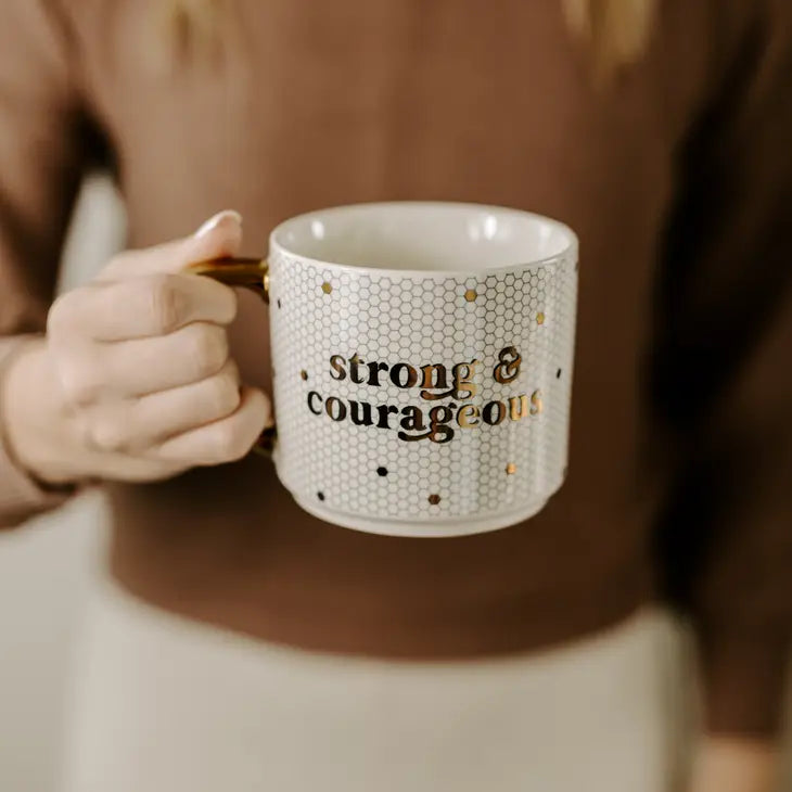 Strong and Courageous - Gold, White Tile Coffee Mug - 17 oz - Artful Planner Co.