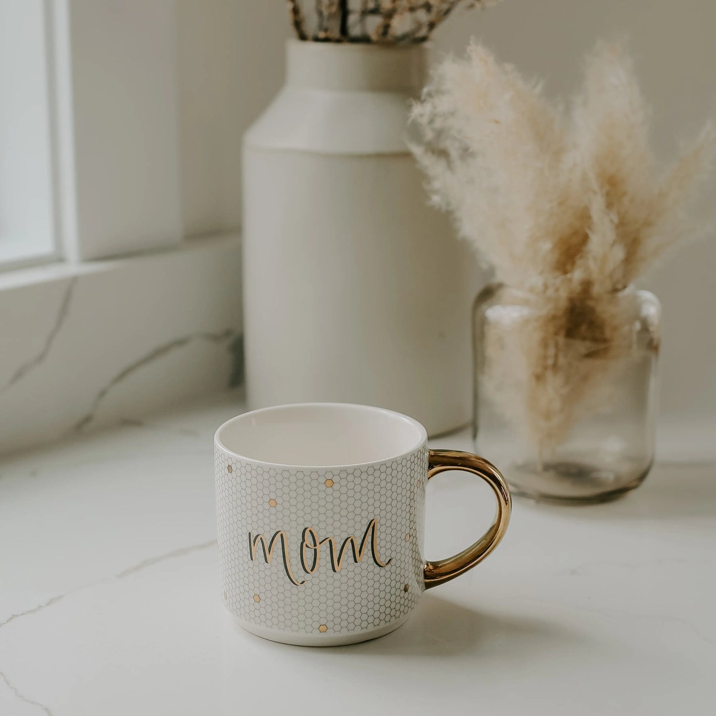 Mom - Gold, White Tile Hand Lettered Coffee Mug - 17 oz - Artful Planner Co.