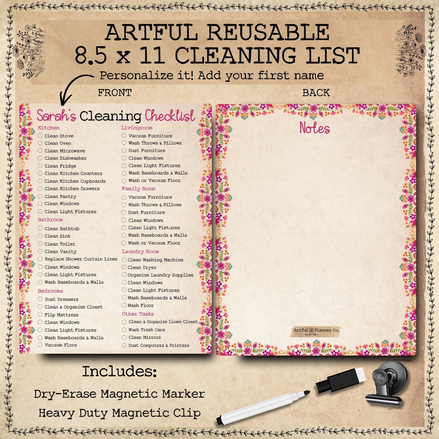 Personalized Artful Reusable Cleaning List