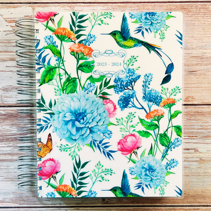 2023-2024 Personalized Monthly Planner - Blue Hummingbird Garden Monthly Planners Artful Planner Co. July-2023 20 Meal Planner Pages added to back +$3.00 