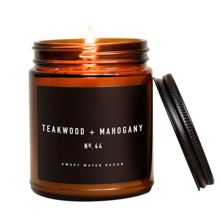 Teakwood and Mahogany Soy Candle - Amber Jar - 9 oz - Artful Planner Co.